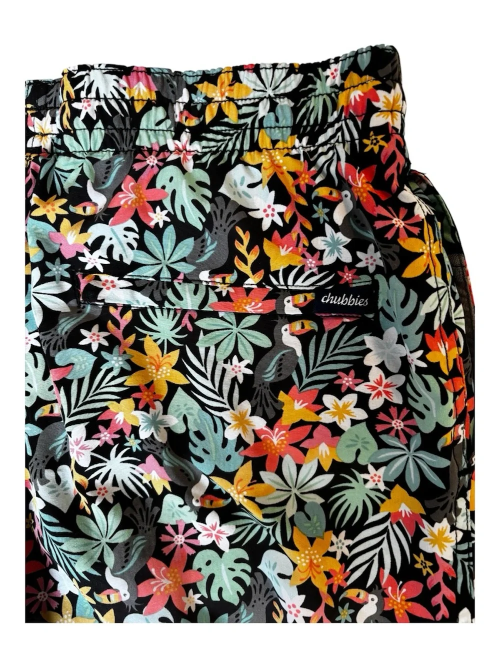 chubbies Floral Swim Trunks in Black with Pink Drawstring, Pockets